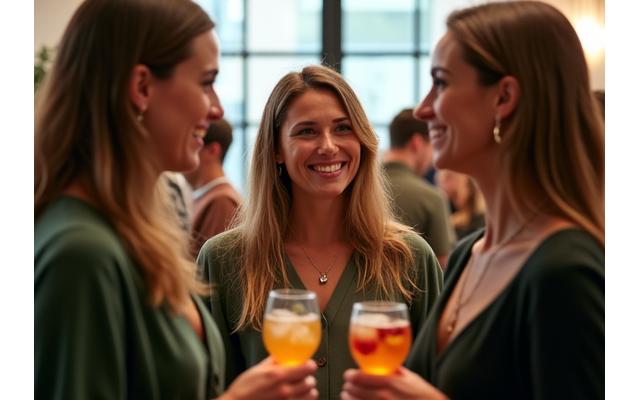 Diverse group of adults networking at a wellness social event